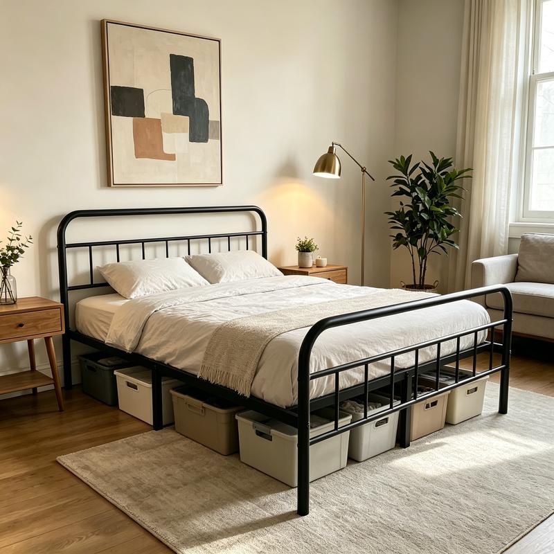 Cama Edenza de 14 pulgadas con cabecero: estructura de plataforma metálica elegante y moderna, sin necesidad de somier, silenciosa y de tamaño King, ideal para dormitorios modernos.