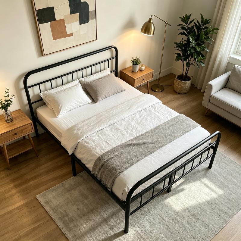 Cama Edenza de 14 pulgadas con cabecero: estructura de plataforma metálica elegante y moderna, sin necesidad de somier, silenciosa y de tamaño King, ideal para dormitorios modernos.
