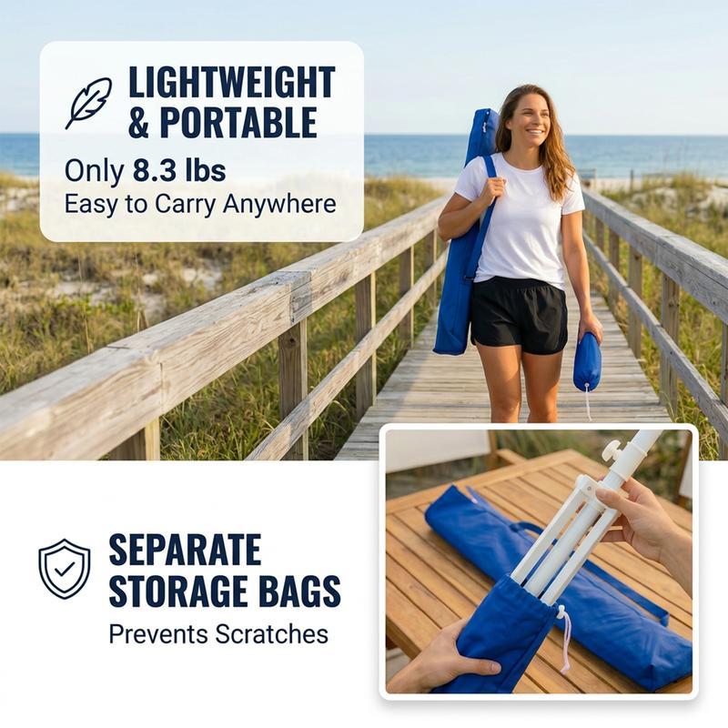 Sombrilla portátil con base, protección solar UPF 50+ para exteriores, incluye bolsa de transporte, gancho y portavasos integrados; protección solar instantánea y ajustable para juegos, deportes, jardín, patio, camping, playa y pesca (azul real).