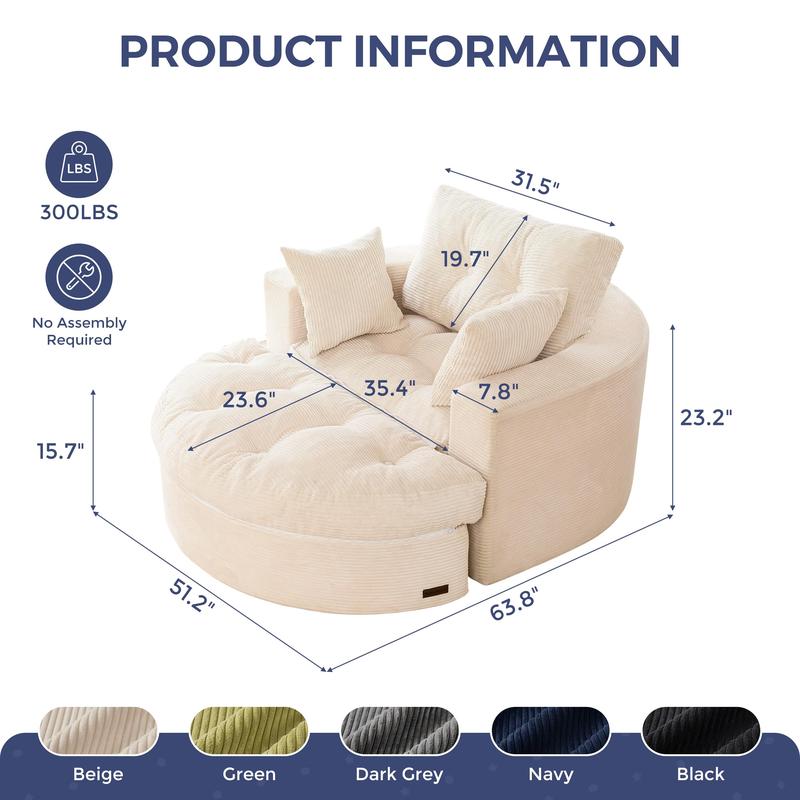 Sofá chaise longue redondo de gran tamaño MAXYOYO, sillón tapizado con 3 cojines, sofá sin estructura rígida con otomana, sillón convertible en cama con asiento profundo para sala de estar o dormitorio, sin necesidad de montaje.
