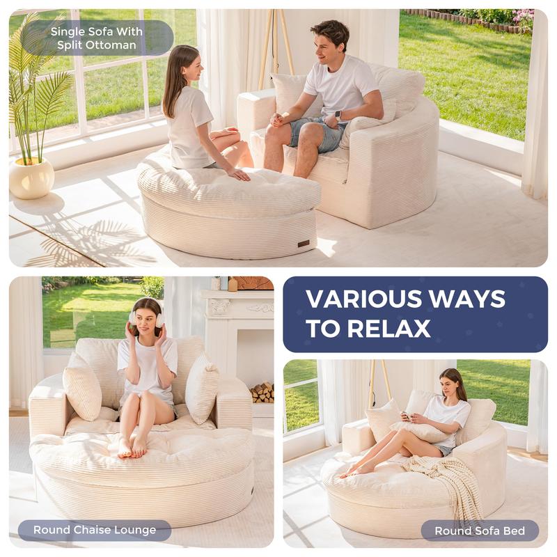 Sofá chaise longue redondo de gran tamaño MAXYOYO, sillón tapizado con 3 cojines, sofá sin estructura rígida con otomana, sillón convertible en cama con asiento profundo para sala de estar o dormitorio, sin necesidad de montaje.