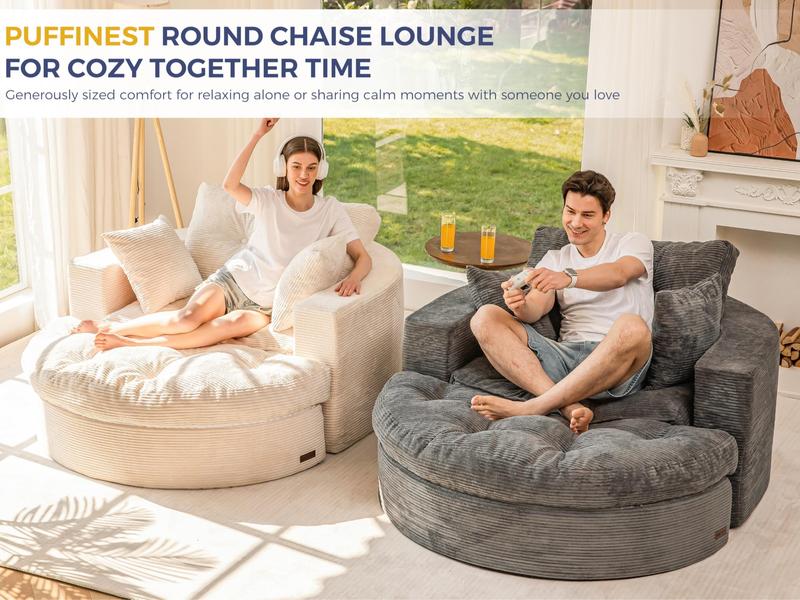 Sofá chaise longue redondo de gran tamaño MAXYOYO, sillón tapizado con 3 cojines, sofá sin estructura rígida con otomana, sillón convertible en cama con asiento profundo para sala de estar o dormitorio, sin necesidad de montaje.