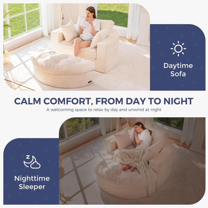 Sofá chaise longue redondo de gran tamaño MAXYOYO, sillón tapizado con 3 cojines, sofá sin estructura rígida con otomana, sillón convertible en cama con asiento profundo para sala de estar o dormitorio, sin necesidad de montaje.