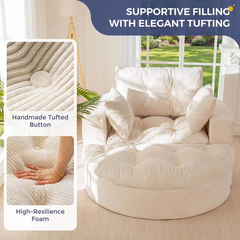 Sofá chaise longue redondo de gran tamaño MAXYOYO, sillón tapizado con 3 cojines, sofá sin estructura rígida con otomana, sillón convertible en cama con asiento profundo para sala de estar o dormitorio, sin necesidad de montaje.