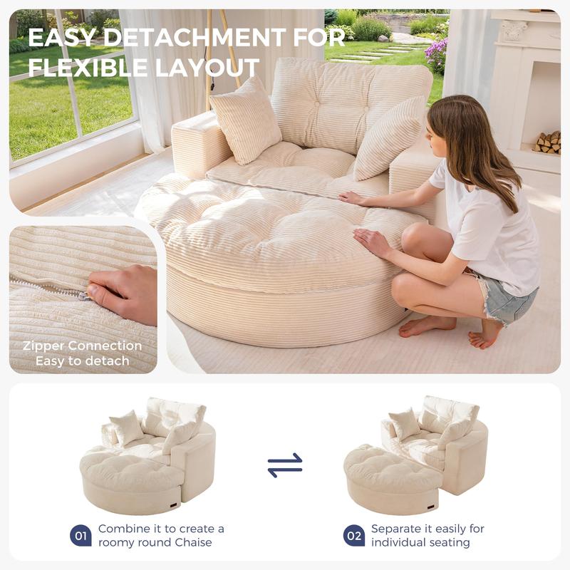 Sofá chaise longue redondo de gran tamaño MAXYOYO, sillón tapizado con 3 cojines, sofá sin estructura rígida con otomana, sillón convertible en cama con asiento profundo para sala de estar o dormitorio, sin necesidad de montaje.