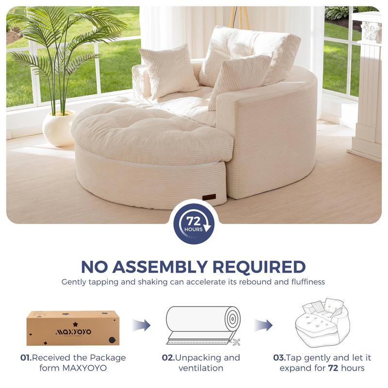 Sofá chaise longue redondo de gran tamaño MAXYOYO, sillón tapizado con 3 cojines, sofá sin estructura rígida con otomana, sillón convertible en cama con asiento profundo para sala de estar o dormitorio, sin necesidad de montaje.