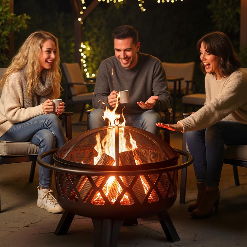 BALI OUTDOORS Fogata de leña 2 en 1 con parrilla de cocción extraíble; incluye rejilla de hierro negro ultrarresistente, rotación de 360 ​​grados y altura ajustable para calefacción y barbacoa; set de fogata para patio.