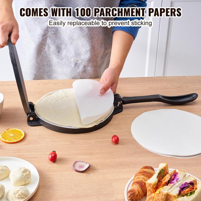 Prensa para tortillas VEVOR de hierro fundido resistente de 10 pulgadas, con revestimiento de aceite de semilla de lino precurado; tortilladora extra grande de superficie lisa que incluye 100 hojas de papel de horno y silicona; utensilio de cocina platead