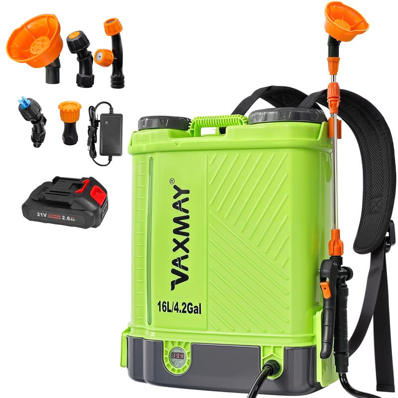 Pulverizador de mochila manos libres VAXMAY, pulverizador de jardín eléctrico a batería de 4 galones con presión de pulverización de 100 PSI, compatible con baterías Makita de 18 V, incluye 5 boquillas, lanza telescópica, batería de 2,6 Ah y cargador; cap