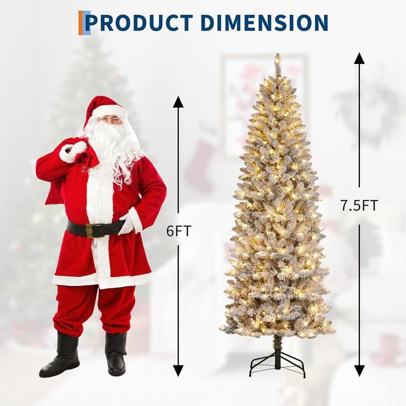 Árbol de Navidad artificial Gaomon Magical Fluffy Slim-Shape con luces LED, forma de lápiz, 6/7.5/9 pies, centro de mesa gigante glamuroso para interiores, cubierta de nieve, luces LED blancas cálidas, PVC ignífugo, ramas articuladas, decoración para apar