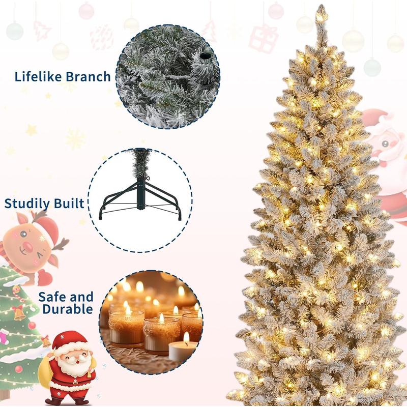 Árbol de Navidad artificial Gaomon Magical Fluffy Slim-Shape con luces LED, forma de lápiz, 6/7.5/9 pies, centro de mesa gigante glamuroso para interiores, cubierta de nieve, luces LED blancas cálidas, PVC ignífugo, ramas articuladas, decoración para apar