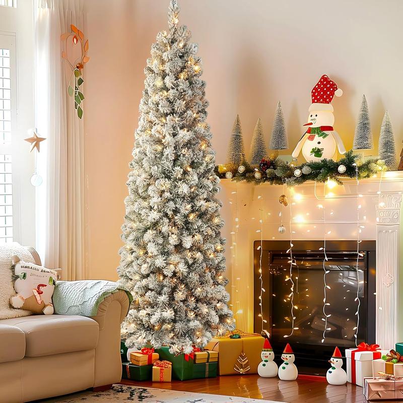 Árbol de Navidad artificial Gaomon Magical Fluffy Slim-Shape con luces LED, forma de lápiz, 6/7.5/9 pies, centro de mesa gigante glamuroso para interiores, cubierta de nieve, luces LED blancas cálidas, PVC ignífugo, ramas articuladas, decoración para apar