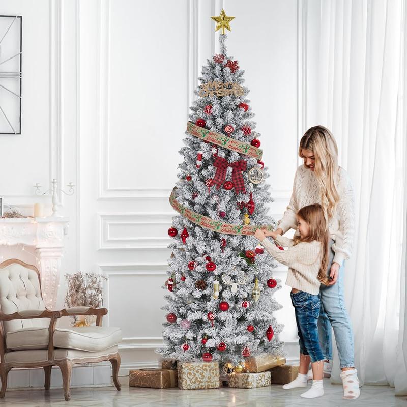 Árbol de Navidad artificial Gaomon Magical Fluffy Slim-Shape con luces LED, forma de lápiz, 6/7.5/9 pies, centro de mesa gigante glamuroso para interiores, cubierta de nieve, luces LED blancas cálidas, PVC ignífugo, ramas articuladas, decoración para apar