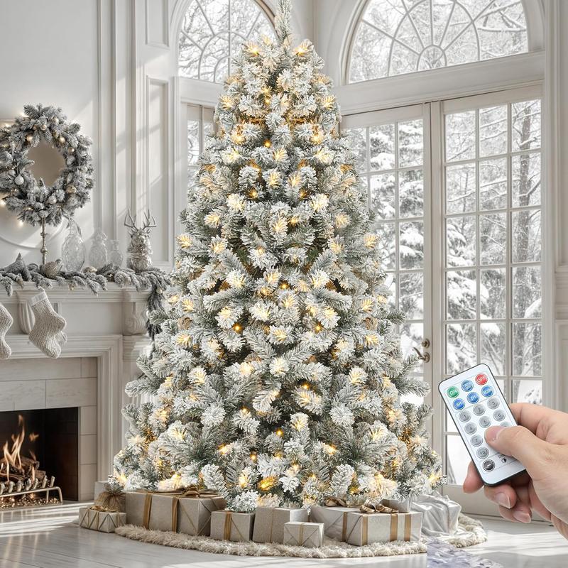 Árbol de Navidad cónico YITAHOME con efecto nieve y luces integradas: decoración navideña para interiores (disponible en 6, 7.5 y 9 pies) con luces LED, 11 modos de iluminación, control remoto inteligente, puntas de ramas, adornos y base plegable; ideal p
