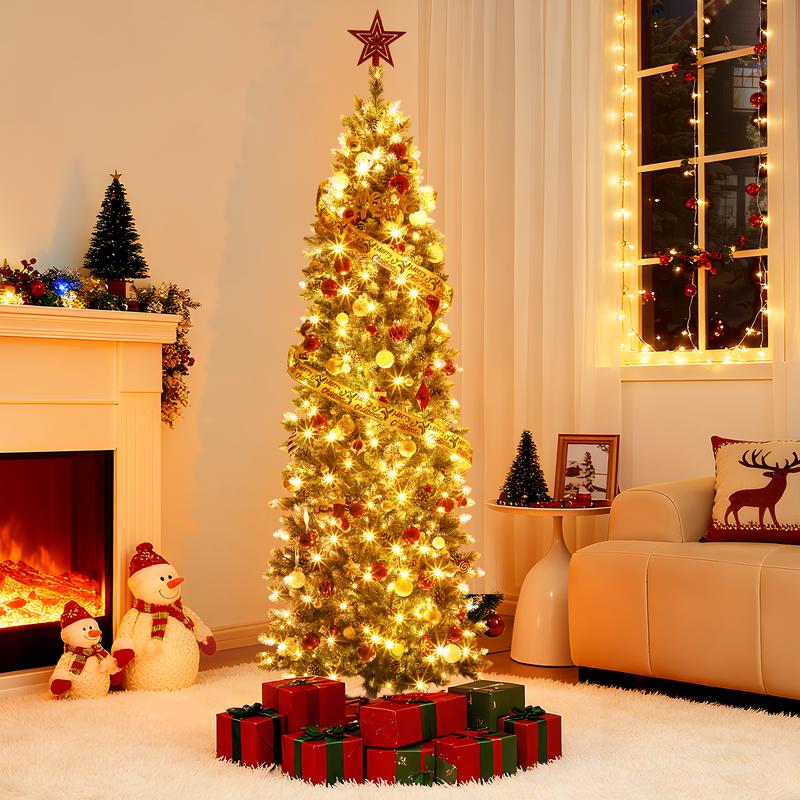 Árbol de Navidad artificial preiluminado tipo lápiz de 1,8 m (6 pies) con luces LED integradas, flocado con piñas y soporte metálico para decoración navideña
