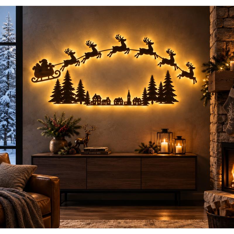 Adorno de pared con motivos navideños: reno y trineo de Papá Noel, luces LED multicolores para las fiestas, decoración navideña para la pared, ideal para el salón, el dormitorio, la entrada y el hogar.