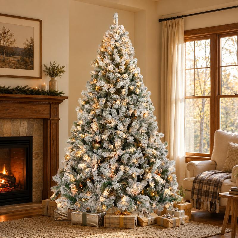 Árbol de Navidad artificial Yaheetech, disponible en varios tamaños (4,5 / 6 / 7,5 / 9 pies), con efecto de nieve, iluminación integrada (550 luces de color blanco cálido), 1284 puntas de rama y soporte plegable; ideal para la decoración festiva del hogar