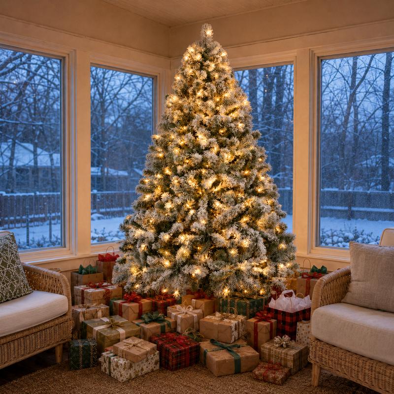 Árbol de Navidad artificial Yaheetech, disponible en varios tamaños (4,5 / 6 / 7,5 / 9 pies), con efecto de nieve, iluminación integrada (550 luces de color blanco cálido), 1284 puntas de rama y soporte plegable; ideal para la decoración festiva del hogar