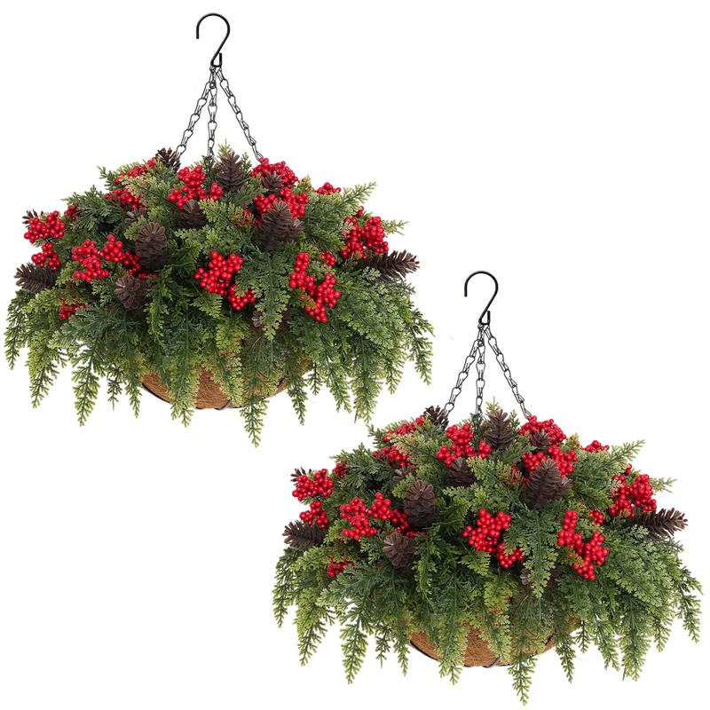 LVZHIYUAN - Set de 2 cestas colgantes para flores, fabricadas en plástico resistente e impermeable, decoradas con bayas rojas y follaje verde. Ideales para la decoración navideña, festividades de fin de año y adornos para porches, patios o exteriores.