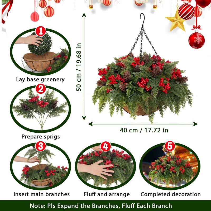 LVZHIYUAN - Set de 2 cestas colgantes para flores, fabricadas en plástico resistente e impermeable, decoradas con bayas rojas y follaje verde. Ideales para la decoración navideña, festividades de fin de año y adornos para porches, patios o exteriores.
