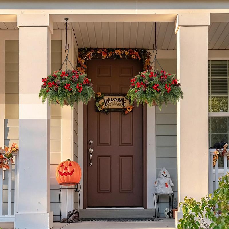 LVZHIYUAN - Set de 2 cestas colgantes para flores, fabricadas en plástico resistente e impermeable, decoradas con bayas rojas y follaje verde. Ideales para la decoración navideña, festividades de fin de año y adornos para porches, patios o exteriores.