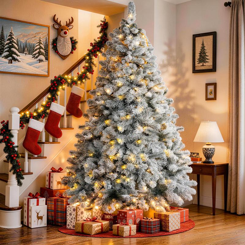 Árbol de Navidad artificial Okicoler de 6,5 pies (aprox. 1,98 m) de altura, con efecto nevado, iluminación integrada (250 luces LED de tono cálido) y 900 puntas de rama de PVC