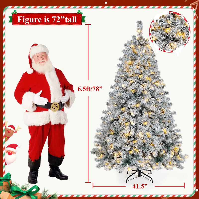 Árbol de Navidad artificial Okicoler de 6,5 pies (aprox. 1,98 m) de altura, con efecto nevado, iluminación integrada (250 luces LED de tono cálido) y 900 puntas de rama de PVC