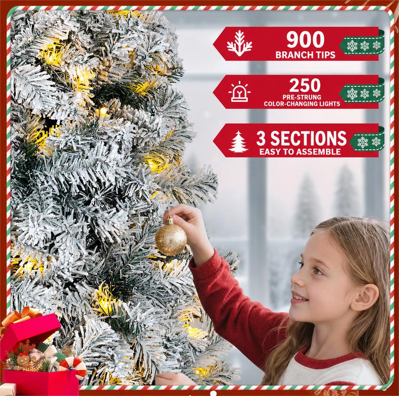 Árbol de Navidad artificial Okicoler de 6,5 pies (aprox. 1,98 m) de altura, con efecto nevado, iluminación integrada (250 luces LED de tono cálido) y 900 puntas de rama de PVC