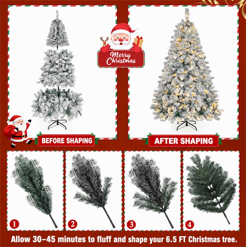 Árbol de Navidad artificial Okicoler de 6,5 pies (aprox. 1,98 m) de altura, con efecto nevado, iluminación integrada (250 luces LED de tono cálido) y 900 puntas de rama de PVC