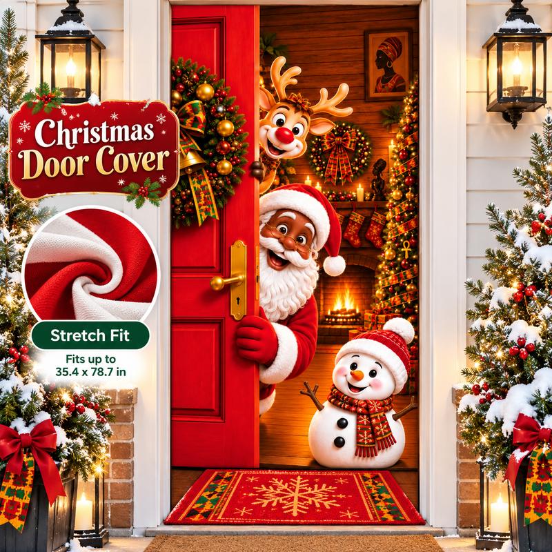 Funda navideña para puerta: decoración con diseño de Papá Noel y renos, adaptable y elástica en los cuatro lados, con abertura para el pomo; funda tipo «funda» para la puerta principal.