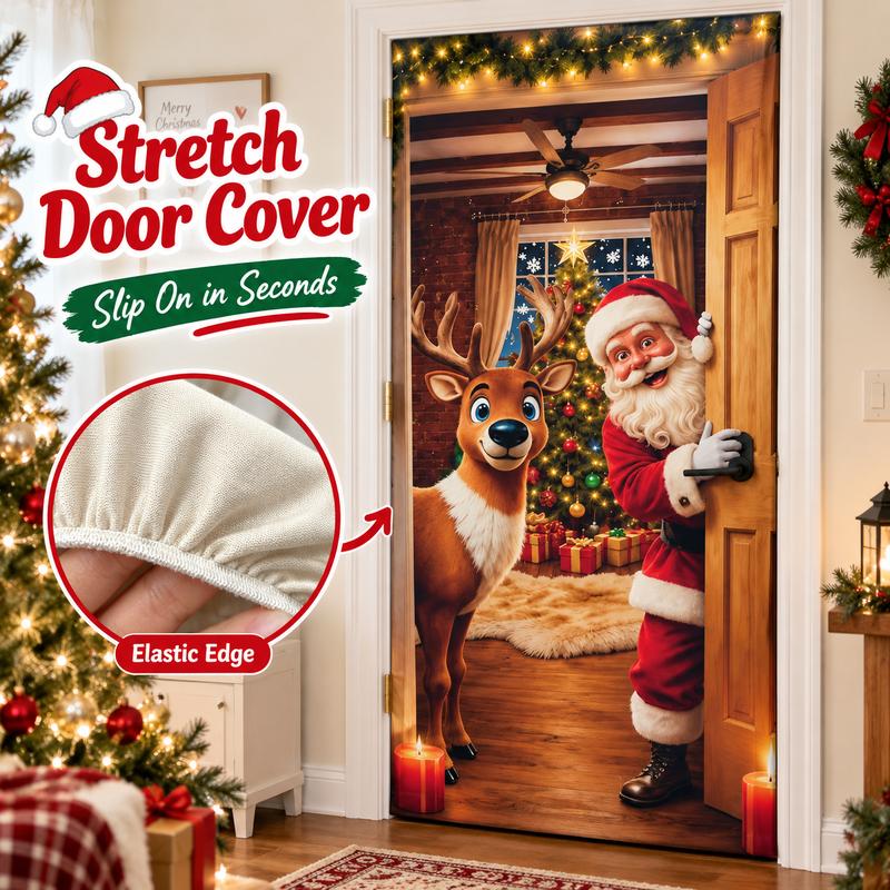 Funda navideña para puerta: decoración con diseño de Papá Noel y renos, adaptable y elástica en los cuatro lados, con abertura para el pomo; funda tipo «funda» para la puerta principal.