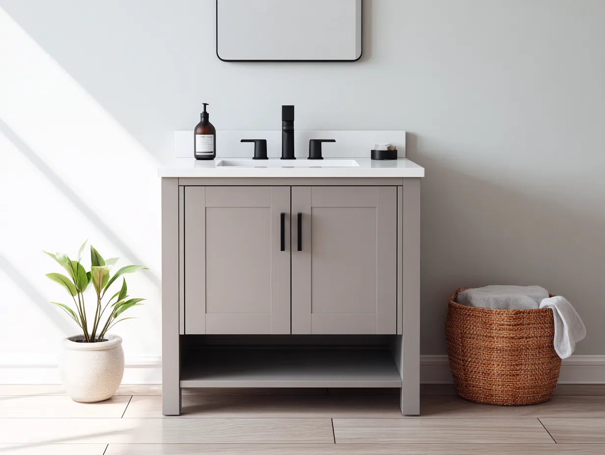 Mueble lavabo de baño de madera 80×46×86 cm - gris claro y blanco - con estante inferior-Midorianest
