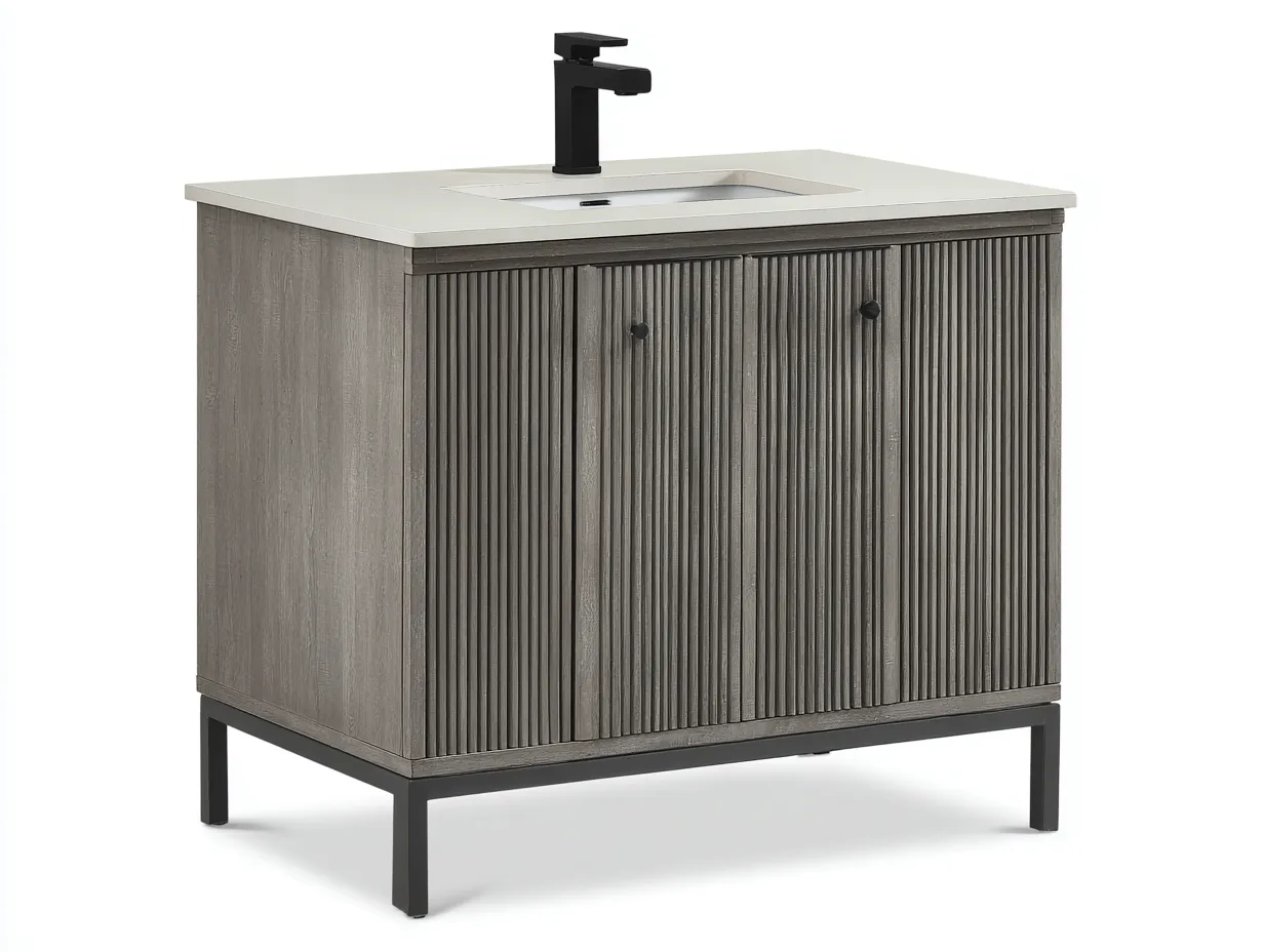 Mueble lavabo de baño 90×46×82 cm - madera gris y lavabo blanco - diseño moderno con almacenaje-Midorianest