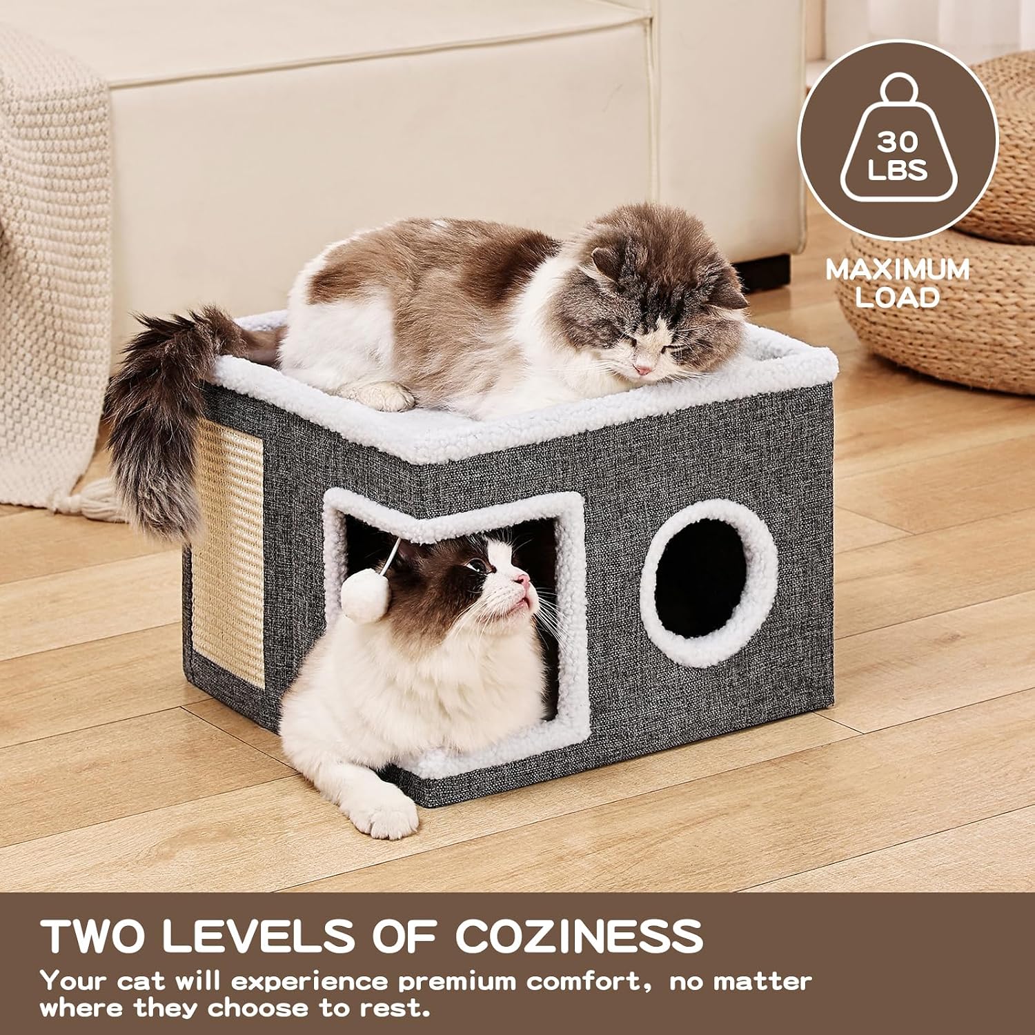 Foldable Indoor Cat House with Scratch Pad & Fluffy Ball