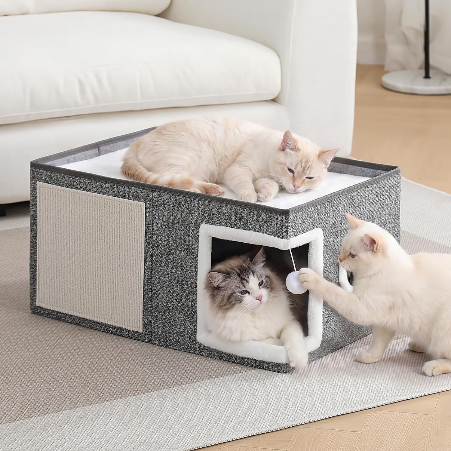 Foldable Indoor Cat House with Scratch Pad & Fluffy Ball