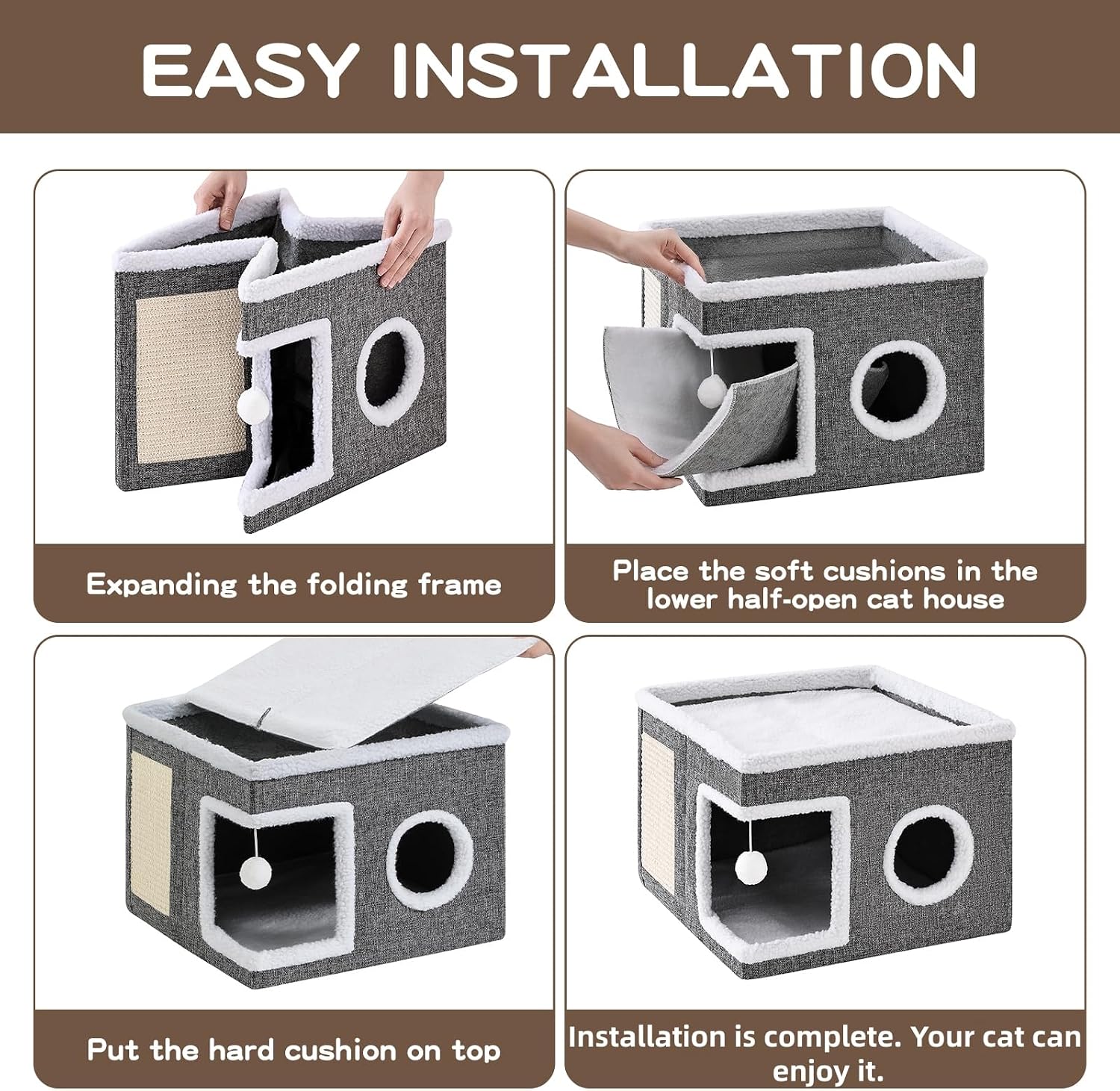Foldable Indoor Cat House with Scratch Pad & Fluffy Ball
