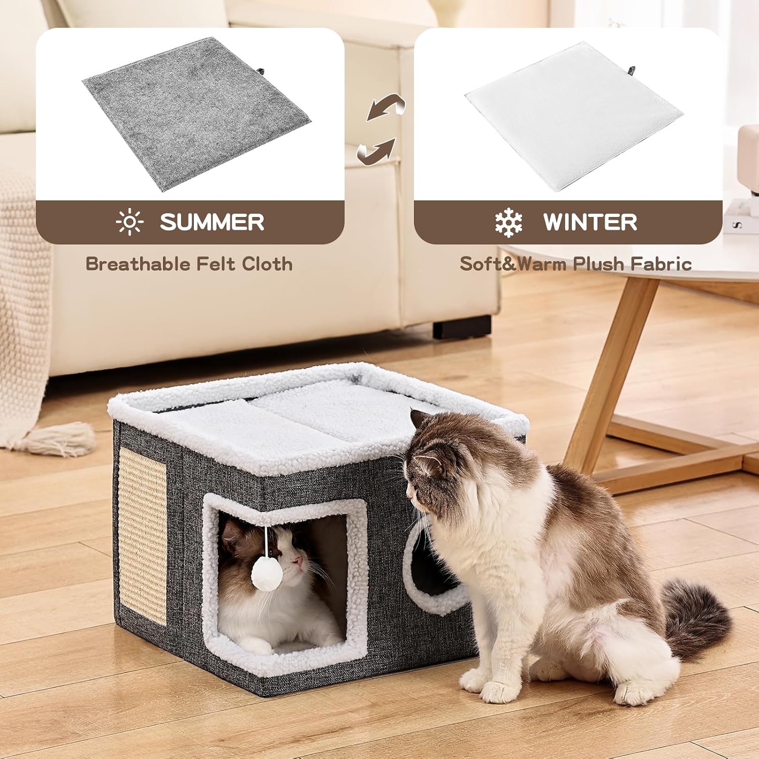 Foldable Indoor Cat House with Scratch Pad & Fluffy Ball