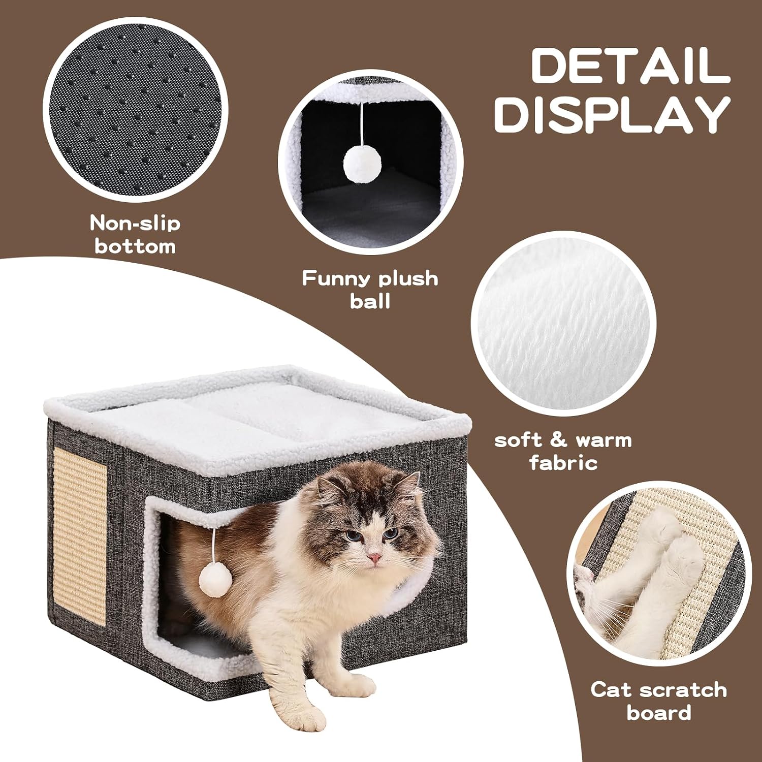 Foldable Indoor Cat House with Scratch Pad & Fluffy Ball