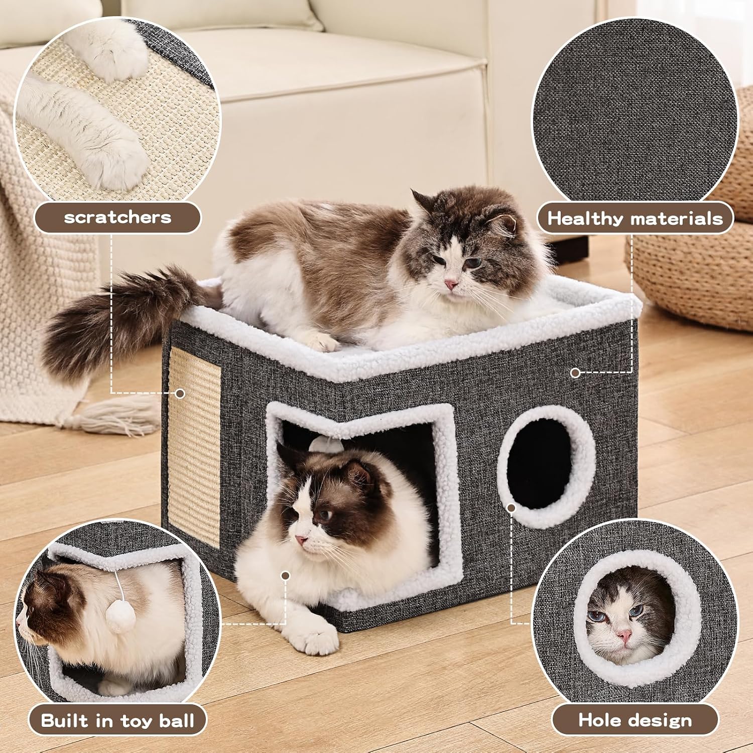 Foldable Indoor Cat House with Scratch Pad & Fluffy Ball