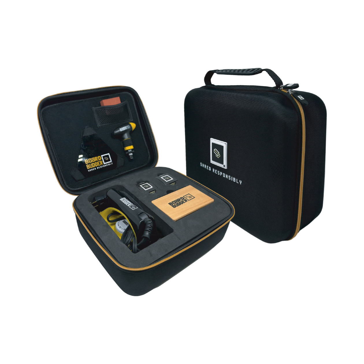 Black carrying case with 'Shred Responsibly' text and logo on a white background