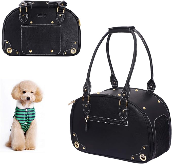 Dog Carrier, Pet Carrier, Dog Purse, Foldable Waterproof Premium PU Leather Pet Travel Portable Bag Carrier for Cat and Small Dog Home & Outdoor Small Black