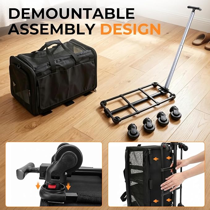 Double Cat Carrier with Wheels, Large Compartment Pet Carrier
