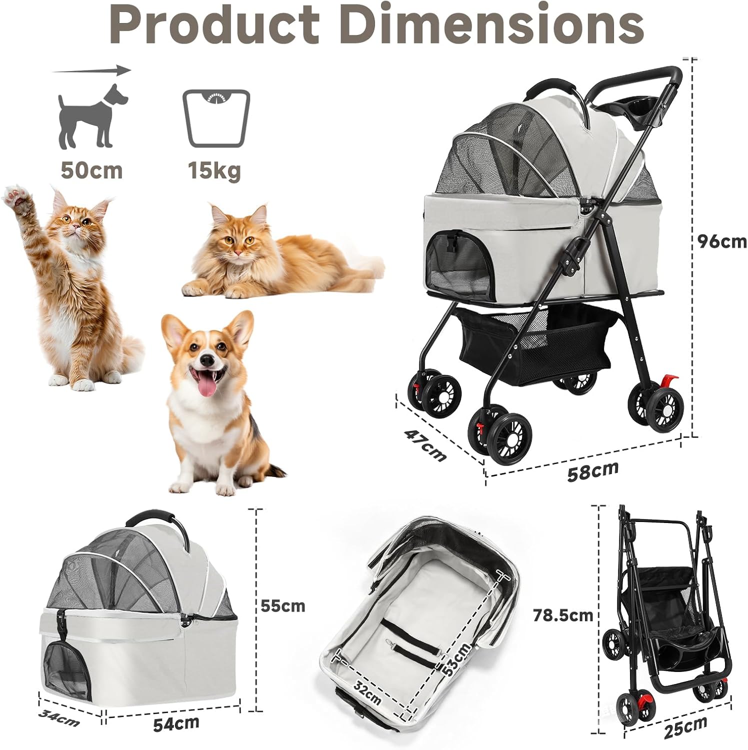 Pet Stroller for Small Dogs and Cats with 4 Wheels, 3 in 1 Foldable Dog Stroller with Detachable Carrier, Breathable Mesh, Storage Basket & Cup Holder, Up to 15 kg (Black)