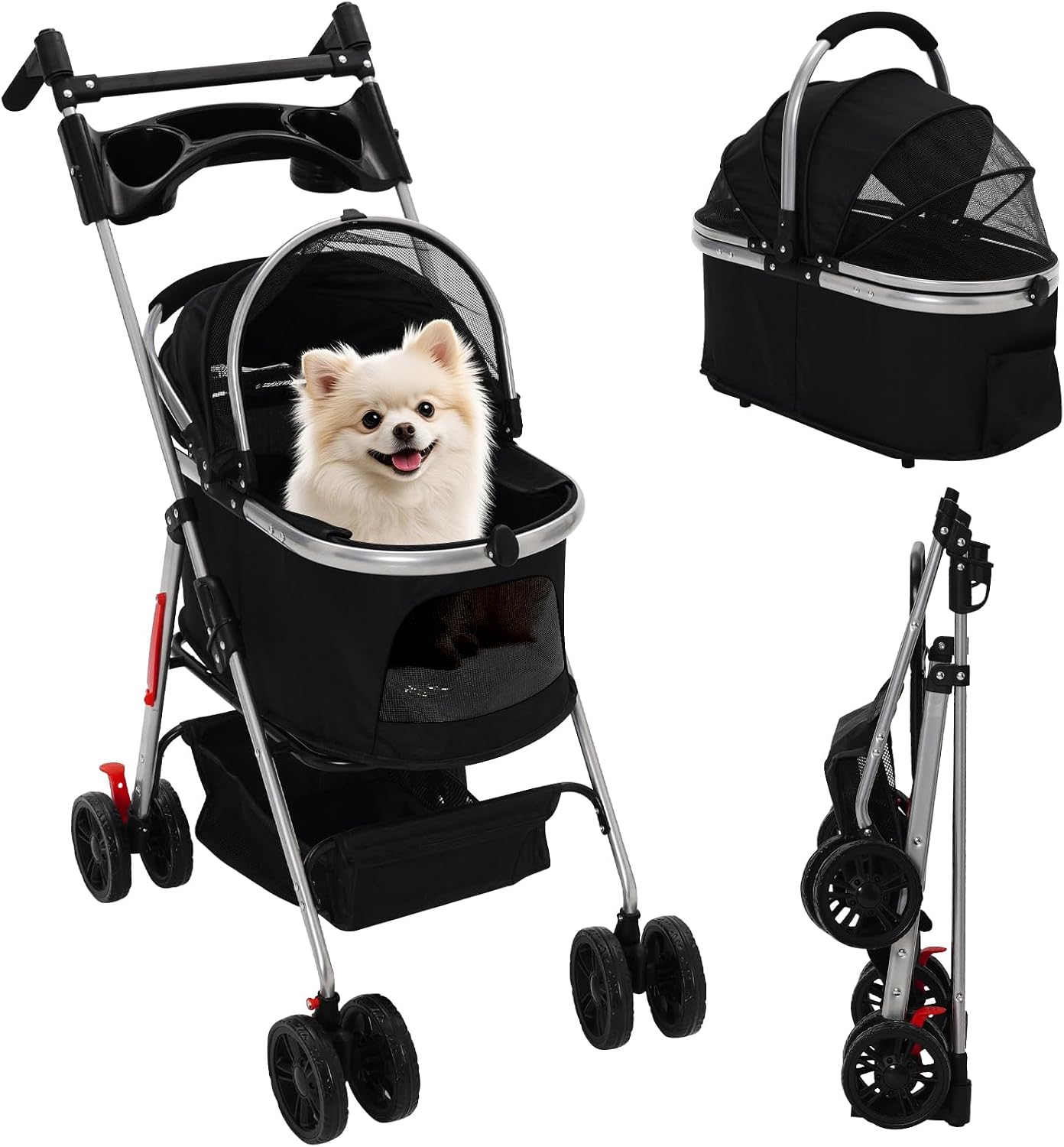 3-in-1 Foldable Pet Stroller with Detachable Carrier,Cup Holder&Storage Bag