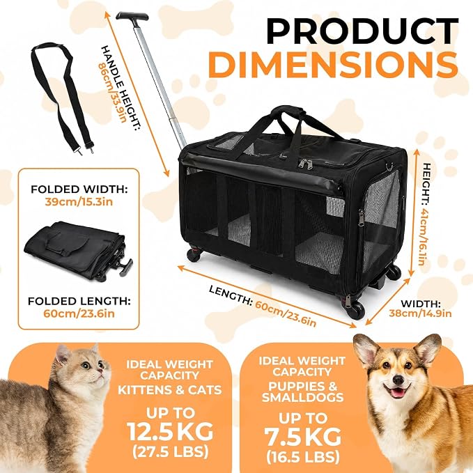 Double Cat Carrier with Wheels, Large Compartment Pet Carrier
