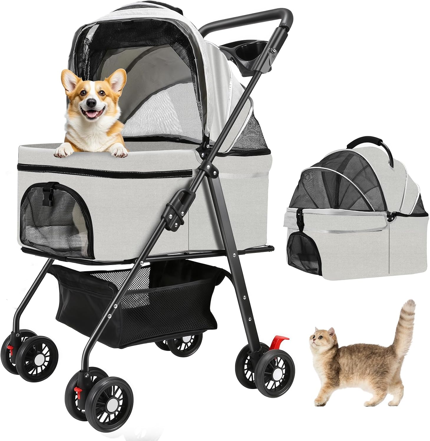 Pet Stroller for Small Dogs and Cats with 4 Wheels, 3 in 1 Foldable Dog Stroller with Detachable Carrier, Breathable Mesh, Storage Basket & Cup Holder, Up to 15 kg (Black)