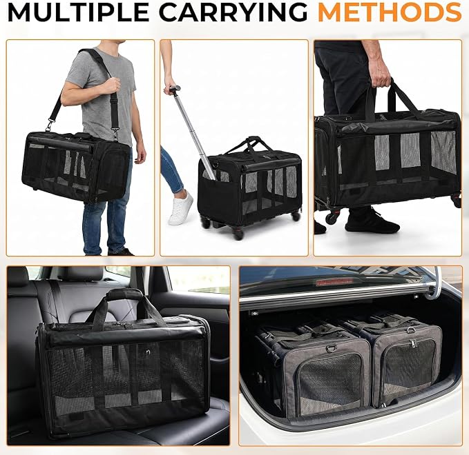 Double Cat Carrier with Wheels, Large Compartment Pet Carrier