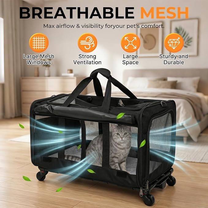 Double Cat Carrier with Wheels, Large Compartment Pet Carrier