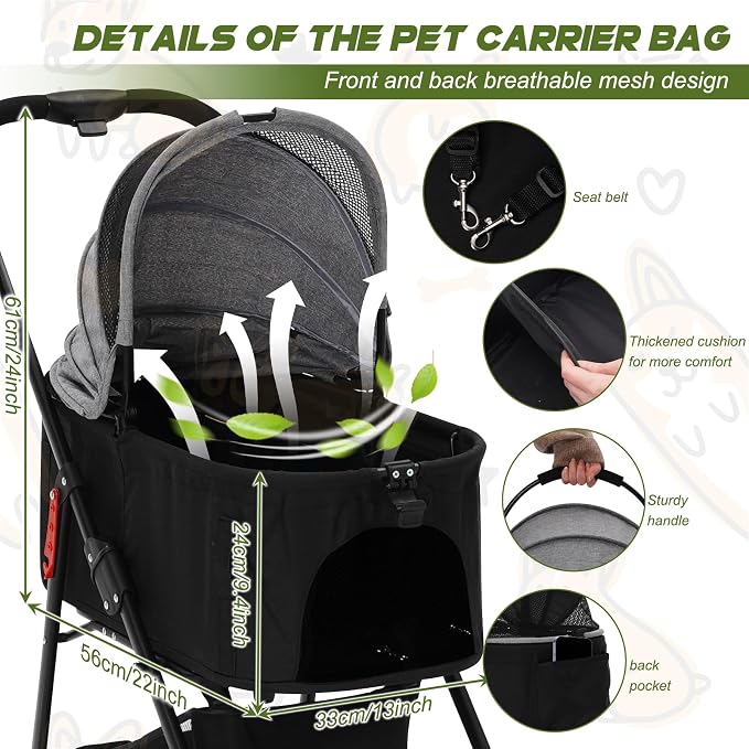 Foldable Pet Strollers with Detachable Carrier,Stroller for Medium Dogs