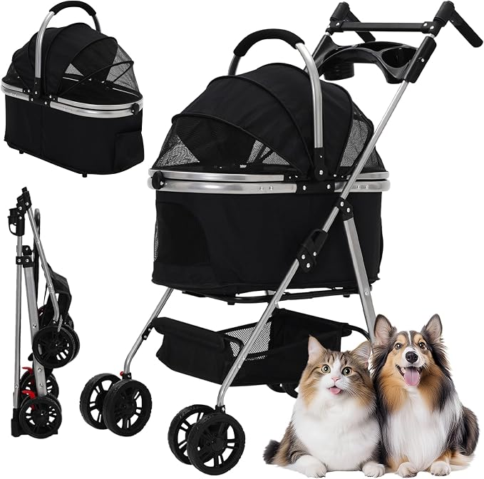 3-in-1 Foldable Pet Stroller with Detachable Carrier,Cup Holder&Storage Bag